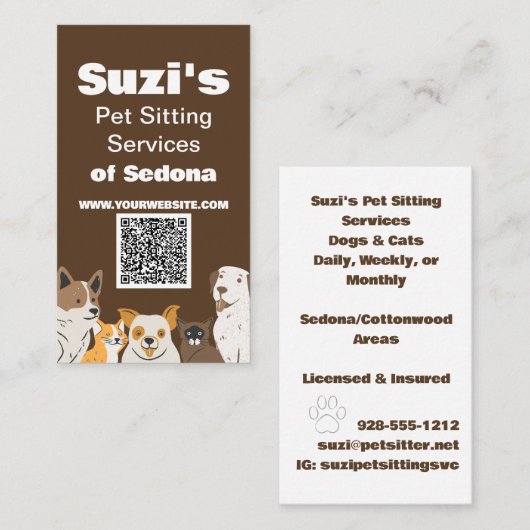 Schattigee Huisdier Zittende Hond Kat QR Code Visitekaartje (Voorkant / Achterkant)