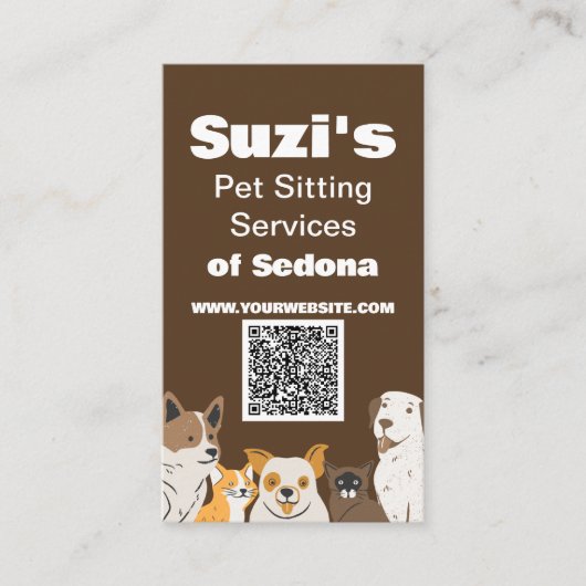 Schattigee Huisdier Zittende Hond Kat QR Code Visitekaartje (Voorkant)