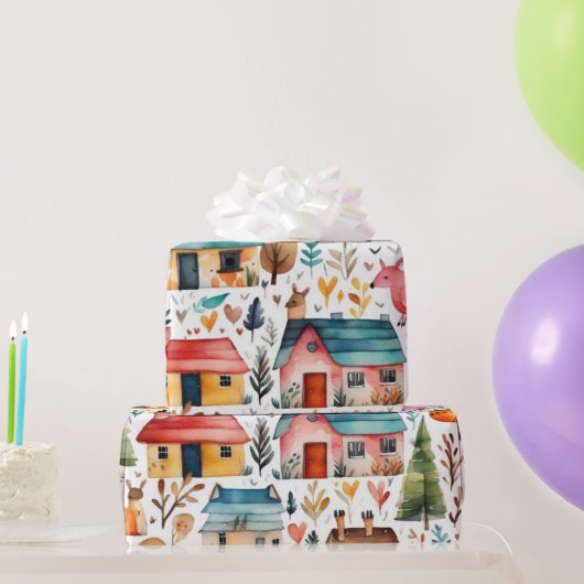 Schattigee huizen bloemendieren Verpakking Papier (Feestgeschenken)