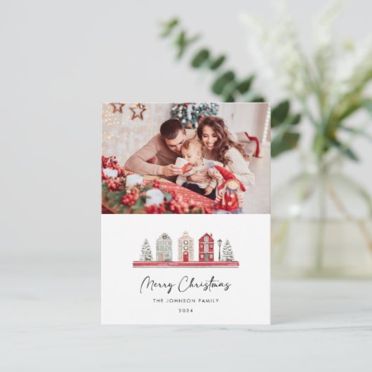 Schattigee huizen in de traditionele kerstkleuren  briefkaart (Staand voorkant)