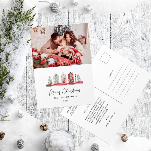 Schattigee huizen in de traditionele kerstkleuren  briefkaart
