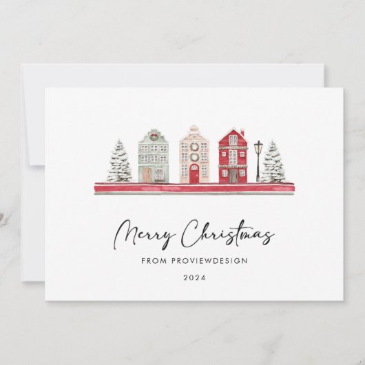 Schattigee Huizen in Kerstmis Kleuren Foto Bedrijf Feestdagenkaart (Voorkant)