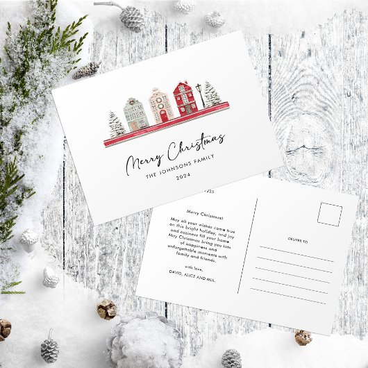 Schattigee huizen in traditionele kerstkleuren briefkaart