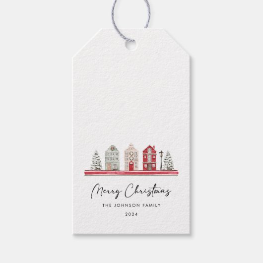 Schattigee huizen in traditionele kerstkleuren cadeaulabel (Voorkant)