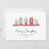 Schattigee huizen in traditionele kerstkleuren feestdagenkaart (Voorkant)