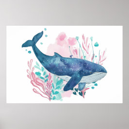 Schattigee Humpback Whale waterverf illustratie Poster