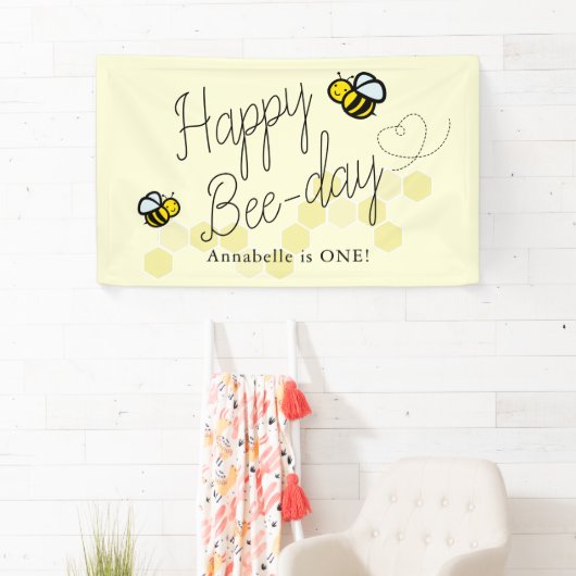 Schattigee Hunny Bee Yellow Girl Verjaardag Welkom Spandoek (Insitu)