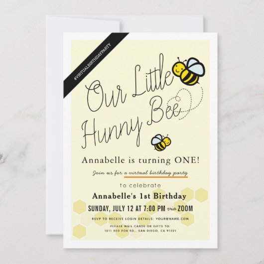 Schattigee Hunny Bee Yellow Virtual 1e verjaardags Kaart (Voorkant)