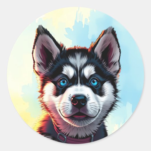 Schattigee Husky Puppy Dog Illustratie Ronde Sticker (Voorkant)
