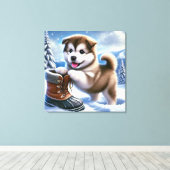 Schattigee Husky Puppy Spelen in het besneeuwde wi Canvas Afdruk (Insitu (Houten vloer))