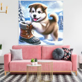 Schattigee Husky Puppy Spelen in het besneeuwde wi Canvas Afdruk (Insitu (Woonkamer))