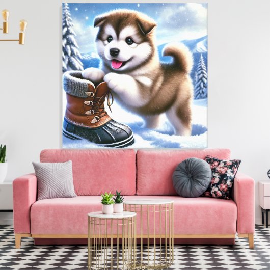 Schattigee Husky Puppy Spelen in het besneeuwde wi Canvas Afdruk (Insitu (Woonkamer))