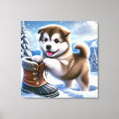 Schattigee Husky Puppy Spelen in het besneeuwde wi Canvas Afdruk (Voorkant)