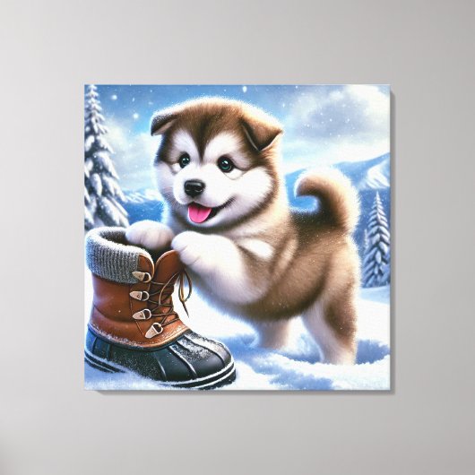 Schattigee Husky Puppy Spelen in het besneeuwde wi Canvas Afdruk (Voorkant)
