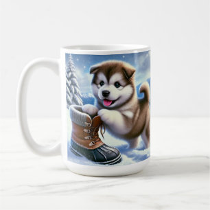 Schattigee Husky Puppy Spelen in het besneeuwde wi Koffiemok