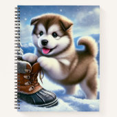 Schattigee Husky Puppy Spelen in het besneeuwde wi Notitieboek (Voorkant)