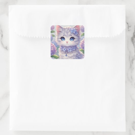 Schattigee Hydrangea Princess Cat Vierkante Sticker (Tas)