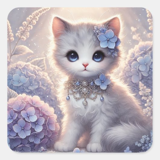 Schattigee Hydrangea Princess Cat Vierkante Sticker (Voorkant)