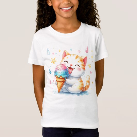 Schattigee Ice Cream Cat Whimsical Waterverf Kat T-shirt (Voorkant)