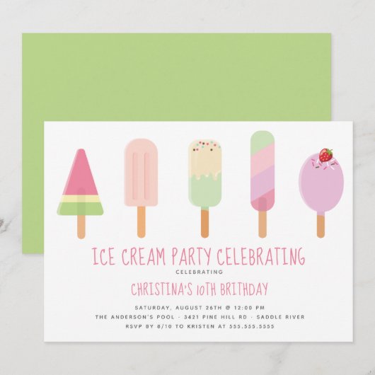Schattigee Ice Cream Party verjaardagsuitnodiging Kaart (Voorkant / Achterkant)