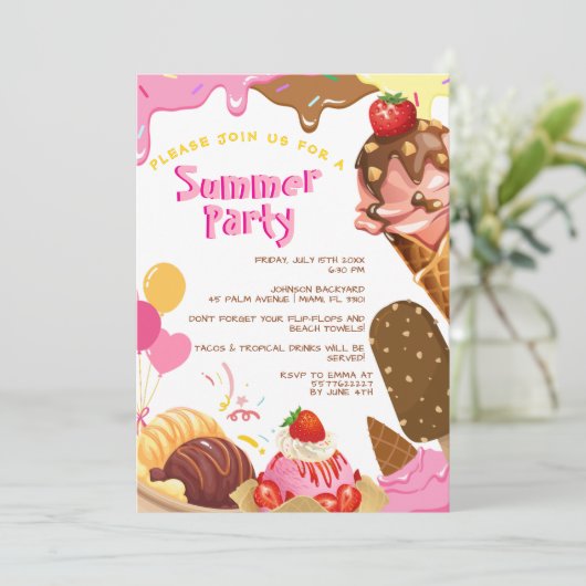Schattigee Ice Cream Summer Party uitnodiging (Staand voorkant)