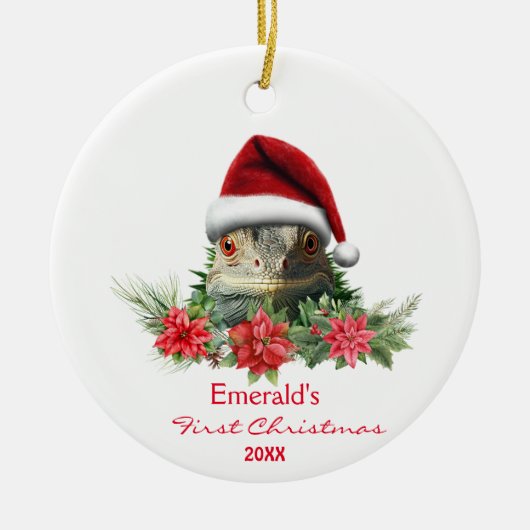 Schattigee Iguana in Santa Hat Kerstmis Gepersonal Keramisch Ornament (Voorkant)
