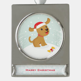 Schattigee illustratie van een puppy in de sneeuw verzilverd banner ornament