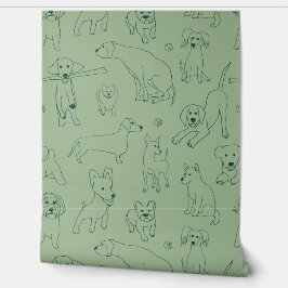 Schattigee illustraties van Dogs Green Line Art Behang