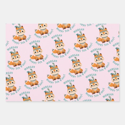 Schattigee Indische vos, naam & Verjaardag, 3 kleu Inpakpapier Vel (Voorkant 3)