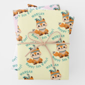 Schattigee Indische vos, naam & Verjaardag, 3 kleu Inpakpapier Vel (In situ)