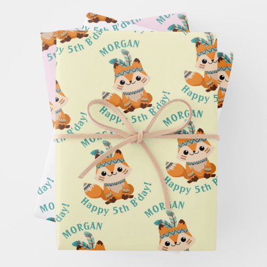 Schattigee Indische vos, naam & Verjaardag, 3 kleu Inpakpapier Vel (In situ)