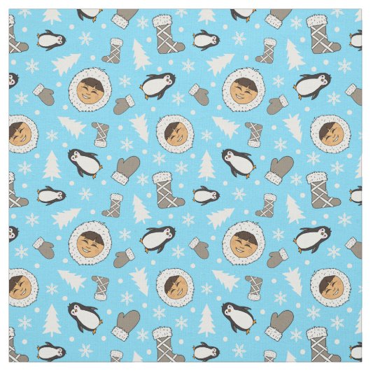 Schattigee Inuit Alaska Eskimo Kinderen Kerstprint Stof (Swatch)
