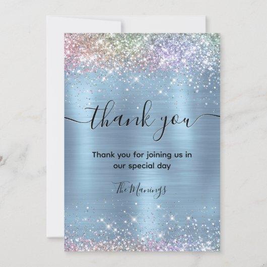 Schattigee iridescen ijsblauwe faux glitter bedank kaart (Voorkant)