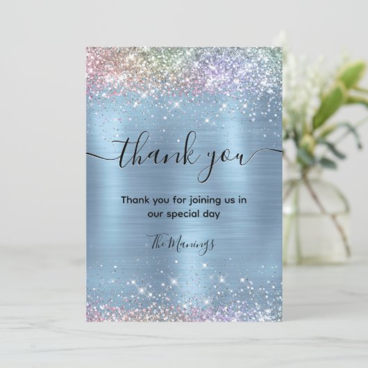 Schattigee iridescen ijsblauwe faux glitter bedank kaart (Staand voorkant)