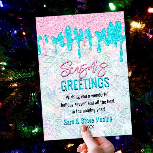 Schattigee iriserende roze aqua faux glitter kerst feestdagenkaart