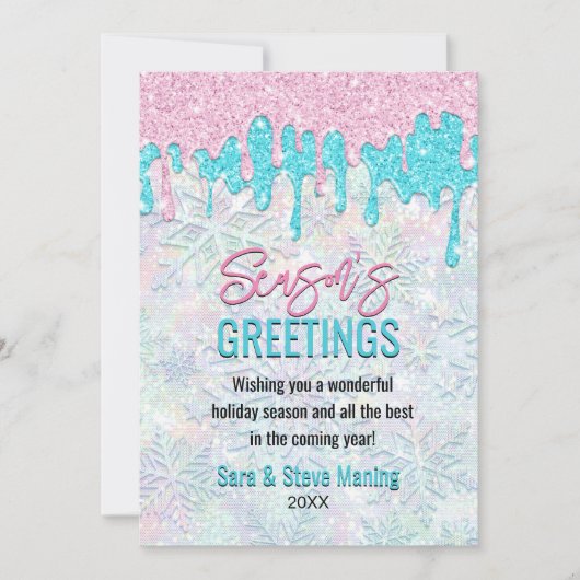 Schattigee iriserende roze aqua faux glitter kerst feestdagenkaart (Voorkant)