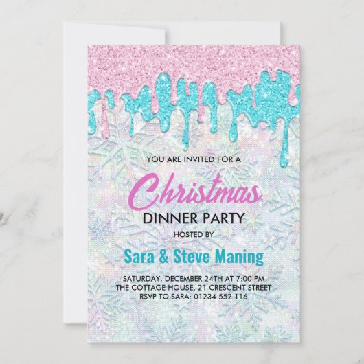 Schattigee iriserende roze aqua faux glitter kerst kaart (Voorkant)