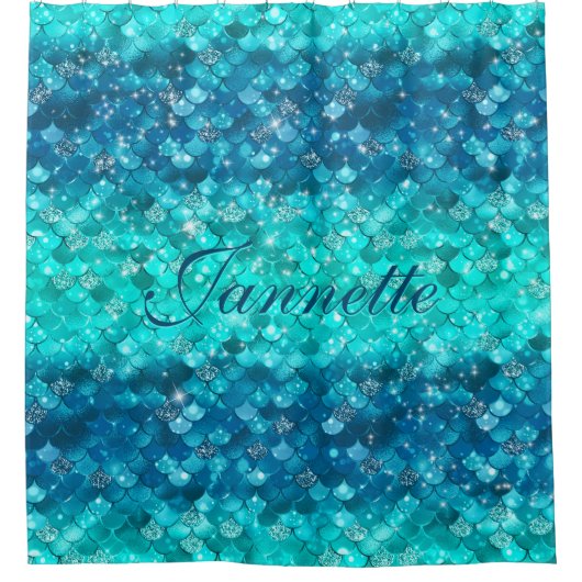Schattigee iriserende turquoise zeemeermin faux gl douchegordijn (Voorkant)