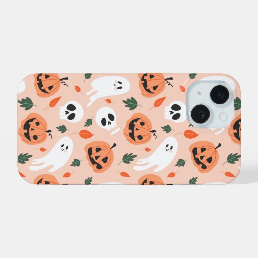 Schattigee Jack-O-Lantern & Ghost Pattern iPhone 15 Case (Achterkant horizontaal)