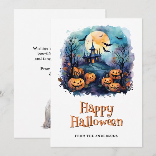 Schattigee Jack O'Lanterns Moon Bats Happy Hallowe Feestdagenkaart (Voorkant / Achterkant)