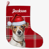 Schattigee Jack Russell Dog Red Plaid gepersonalis Grote Kerstsok (Voorkant)