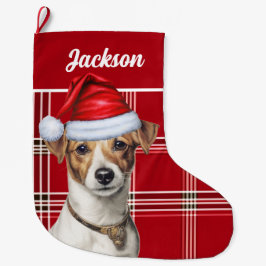 Schattigee Jack Russell Dog Red Plaid gepersonalis Grote Kerstsok
