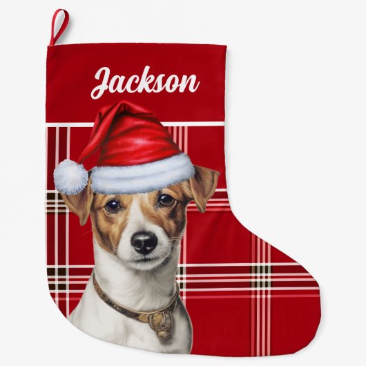 Schattigee Jack Russell Dog Red Plaid gepersonalis Grote Kerstsok (Voorkant)