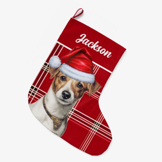Schattigee Jack Russell Dog Red Plaid gepersonalis Grote Kerstsok (Voorkant (Hangend))