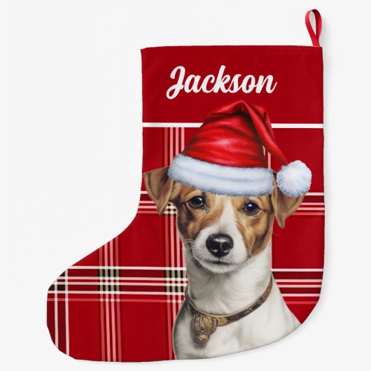 Schattigee Jack Russell Dog Red Plaid gepersonalis Grote Kerstsok (Achterkant)