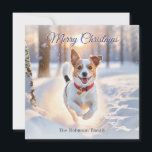 Schattigee Jack Russell Dog Winter Snow Christmas Feestdagenkaart<br><div class="desc">Stuur hondenkerstwensen naar vrienden en familie met deze Jack Russell Terrier afbeelding kaart. De schattige hond wordt afgebeeld terwijl hij vrolijk door de wintersneeuw rent, op een bospad. De begroeting 'Merry Christmas' staat bovenaan in de elegante scripttypografie, terwijl de onderste tekst kan worden gepersonaliseerd met jouw namen of andere tekst....</div>