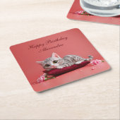 Schattigee Januari Kat met Anjers Kartonnen Onderzetters (Schuin)