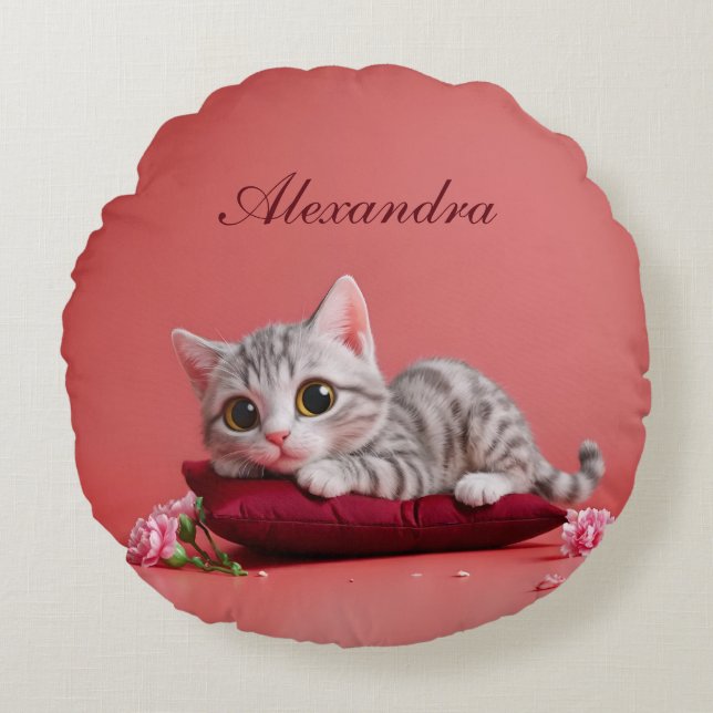 Schattigee Januari Kat met Anjers Rond Kussen (Voorkant)