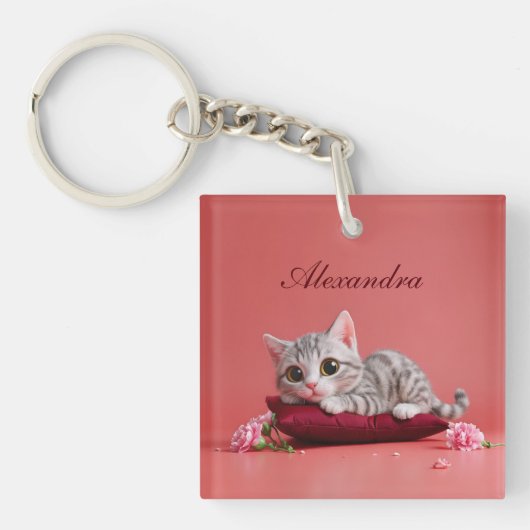 Schattigee Januari Kat met Anjers Sleutelhanger (Voorkant)