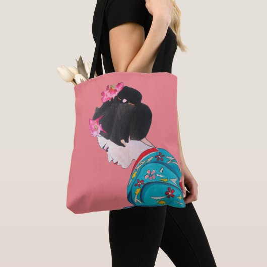 Schattigee Japanse Geisha kunst met roze kersenblo Tote Bag (Dichtbij)